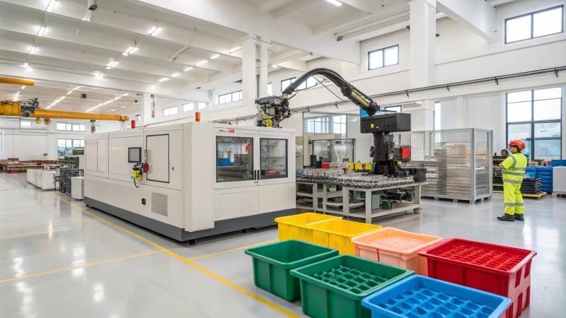 High-tech plastic injection molding machine in a factory