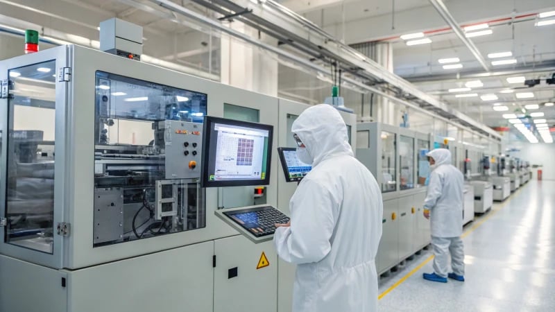 Engineers observing machinery in a high-tech plastic manufacturing facility.