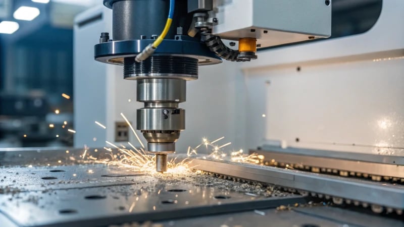 Close-up of a high-tech wire cutting machine with metal shavings