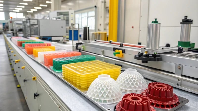 Industrial scene with conveyor belt and injection molded parts