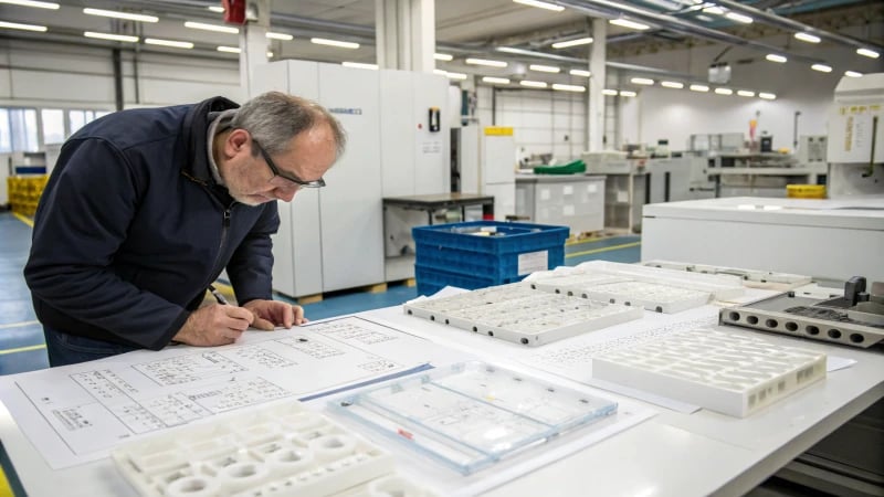 Industrial designer analyzing molding process diagrams in a workshop