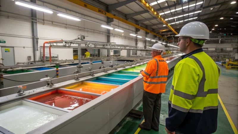 Workers in an industrial electroplating facility