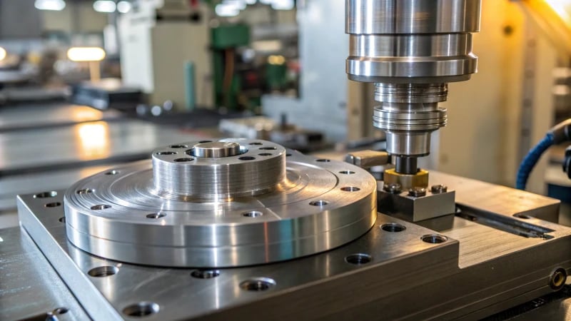 Close-up of an industrial extrusion die made of polished metal