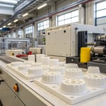 Industrial extrusion molding machine in a factory setting with molded plastic parts on a workbench