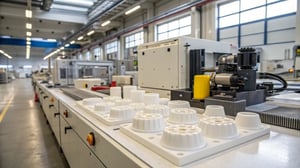 Industrial extrusion molding machine in a factory setting with molded plastic parts on a workbench