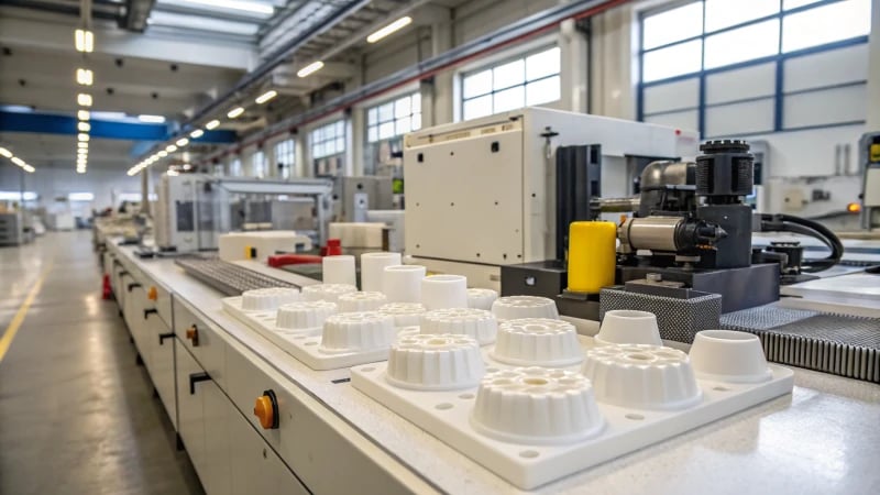 Industrial extrusion molding machine in a factory setting with molded plastic parts on a workbench