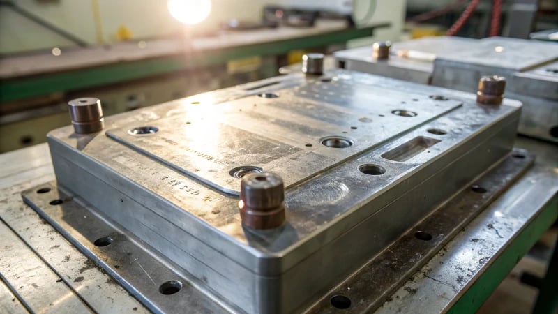 Close-up of an industrial injection mold showing wear and imperfections