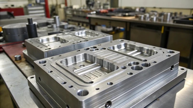 Close-up view of an industrial injection mold