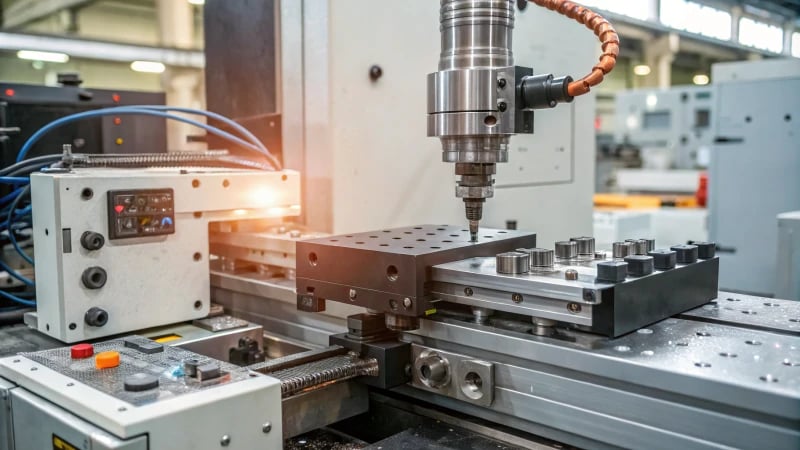 Close-up view of an industrial injection molding machine in a factory