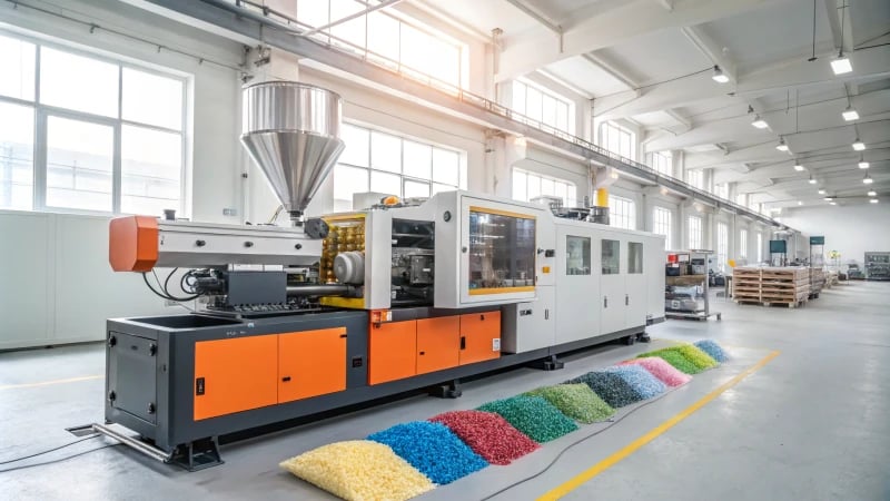 Injection molding machine in a factory setting