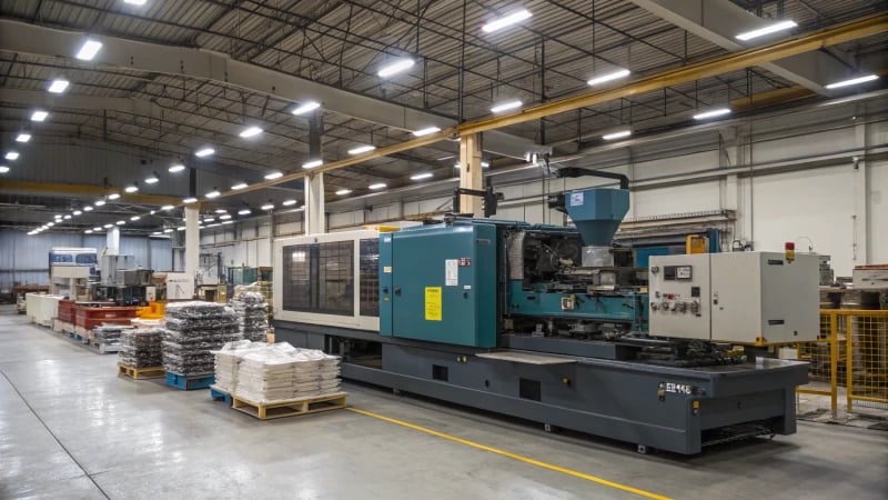 Large industrial injection molding machine in a manufacturing facility