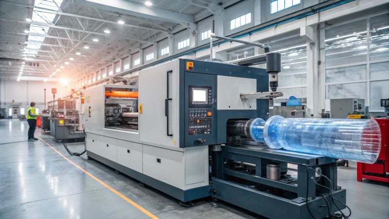 Industrial injection molding machine in action