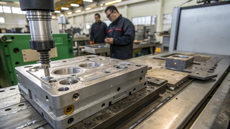 A technician inspecting a molded plastic part in a manufacturing facility