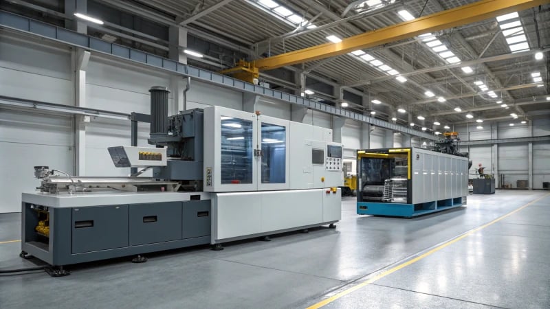 An industrial scene with electric and hydraulic injection molding machines