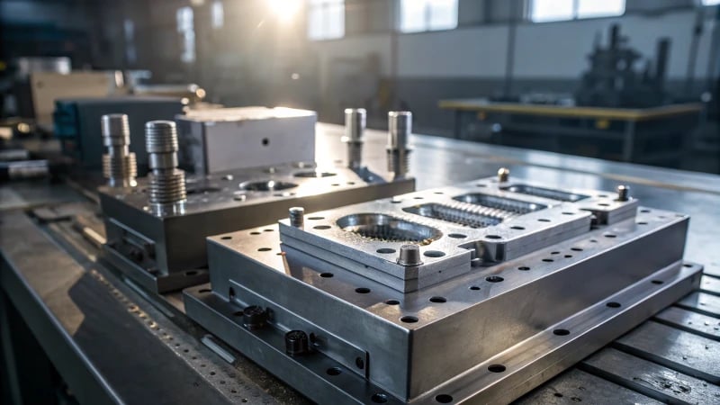 Close-up of an industrial mold base in a manufacturing facility