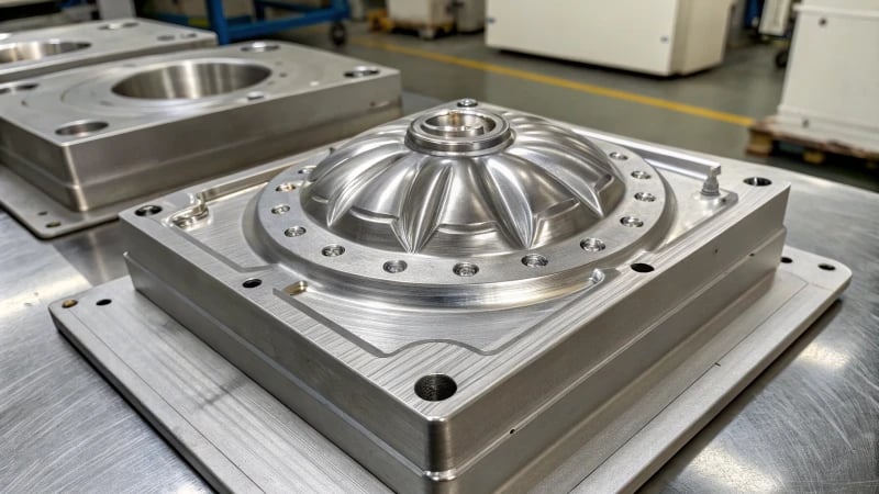 Close-up of an industrial mold showcasing intricate designs.