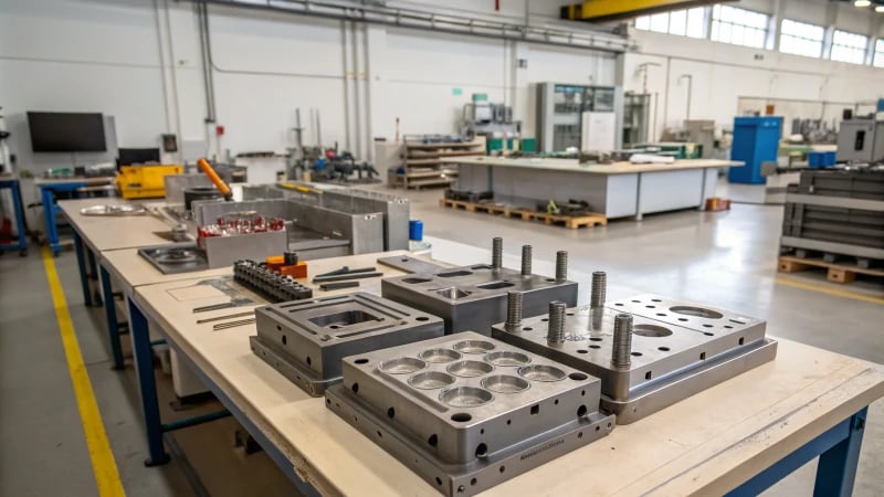 Close-up of industrial molds and dies on a workshop table