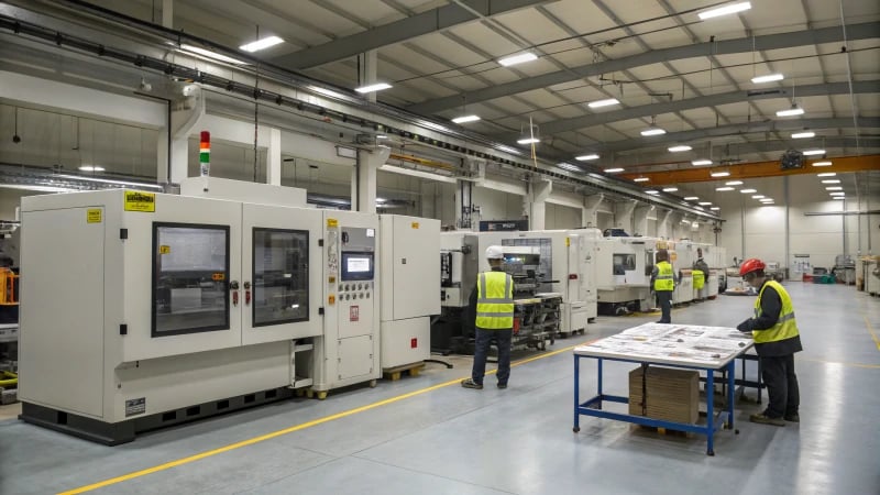 Workers in an industrial setting with injection molding machines