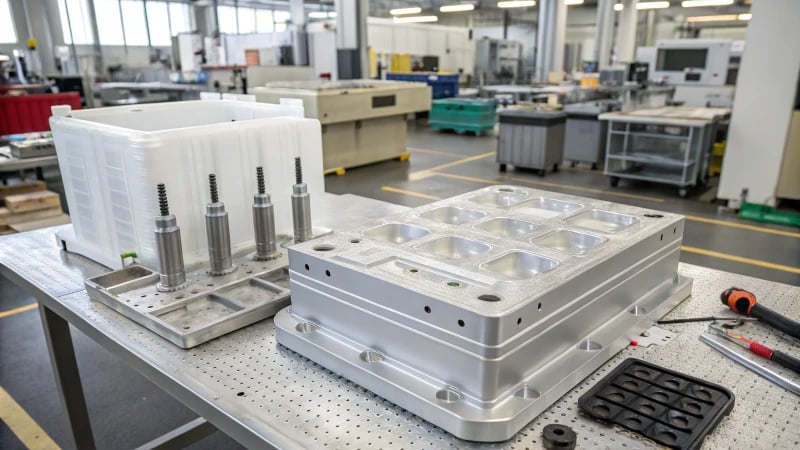 Industrial Plastic Mold Setting Industrial setting with plastic mold and tools