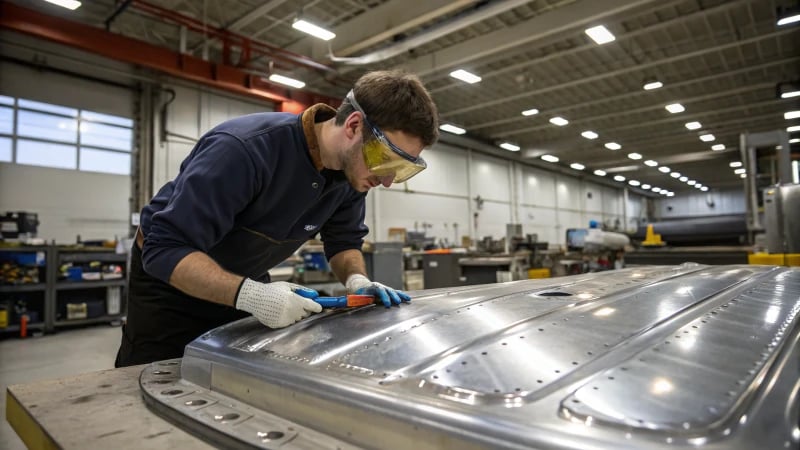 Technician inspecting a large metal mold in a workshop