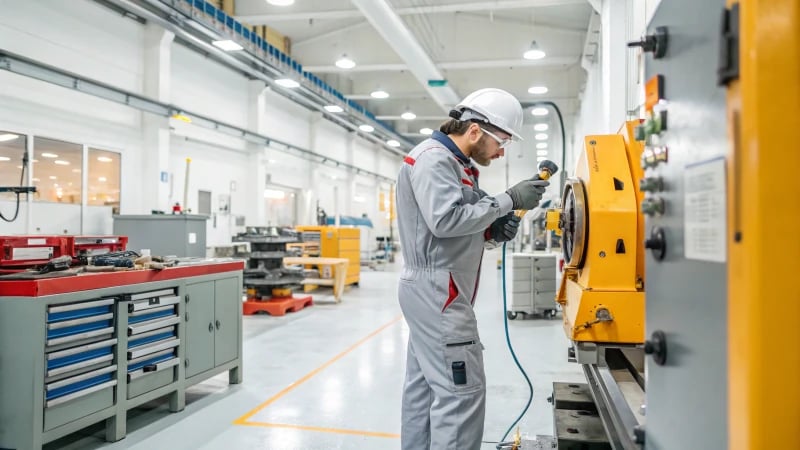 A technician in safety gear working on a large industrial machine