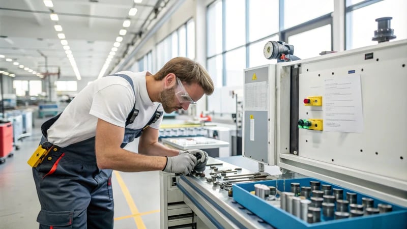 A technician inspecting a large industrial machine in a clean manufacturing facility