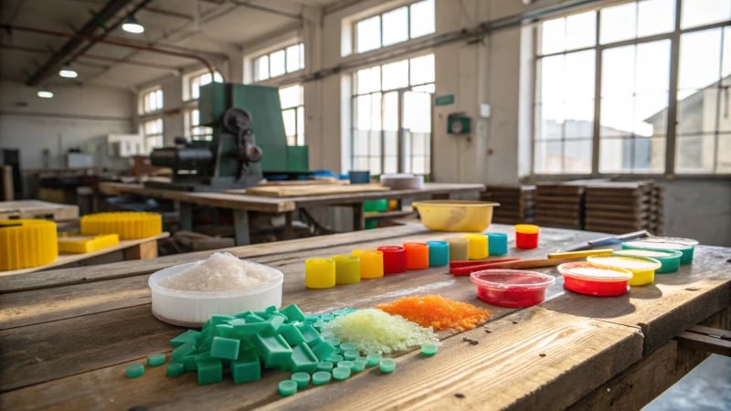 A well-lit industrial workspace with biopolymer materials on a table