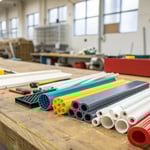 Industrial workspace with extruded plastic products on a wooden workbench