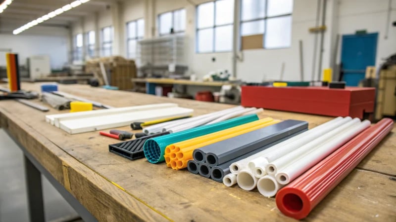 Industrial workspace with extruded plastic products on a wooden workbench