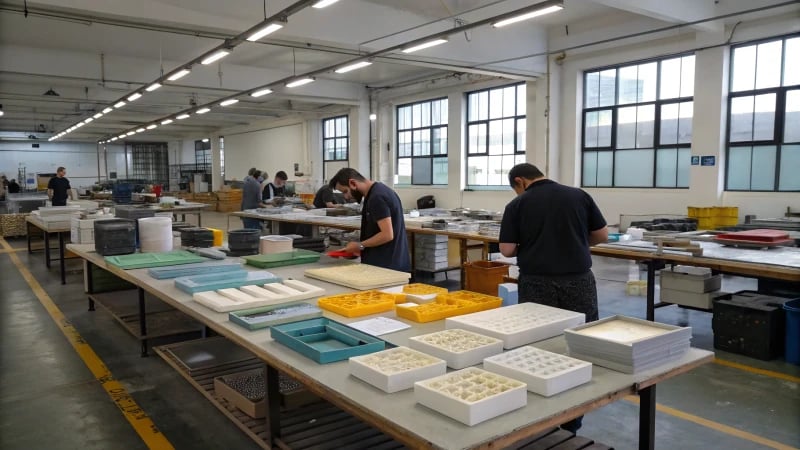 Workers inspecting molding materials in an industrial workspace