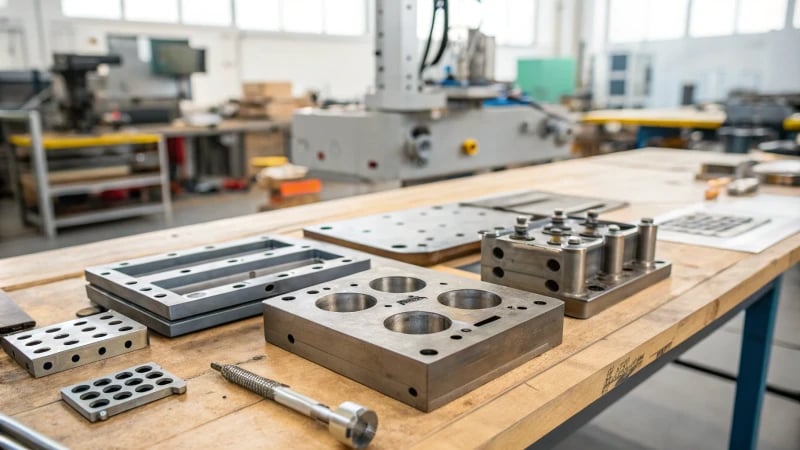 Industrial workspace with metal mold inserts on a workbench
