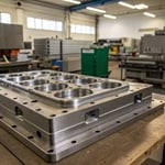 A large multi-cavity mold on a machining table in an industrial workspace