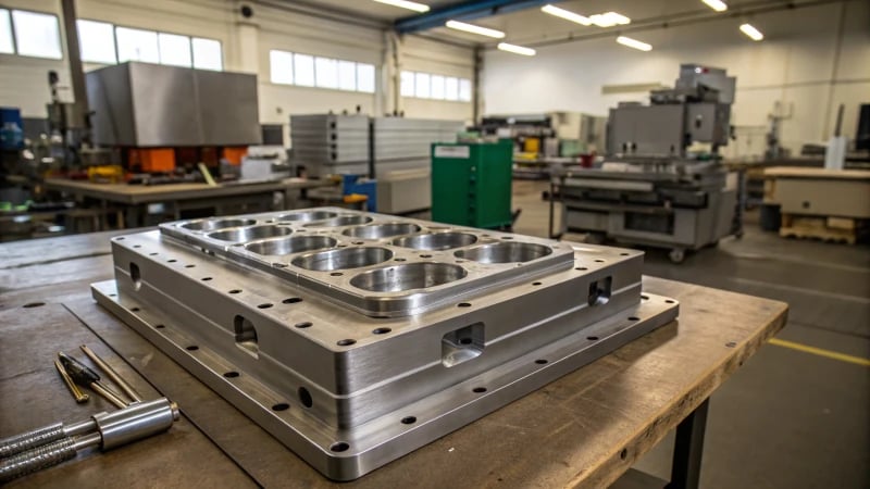 Industrial Workspace with Mold A large multi-cavity mold on a machining table in an industrial workspace