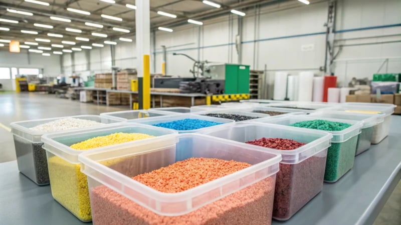 Organized display of colored plastic raw materials in clear containers