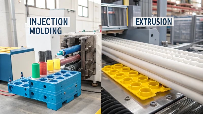 Infographic comparing injection molding and extrusion processes in plastic manufacturing