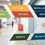 Infographic illustrating types and causes of waste in injection molding