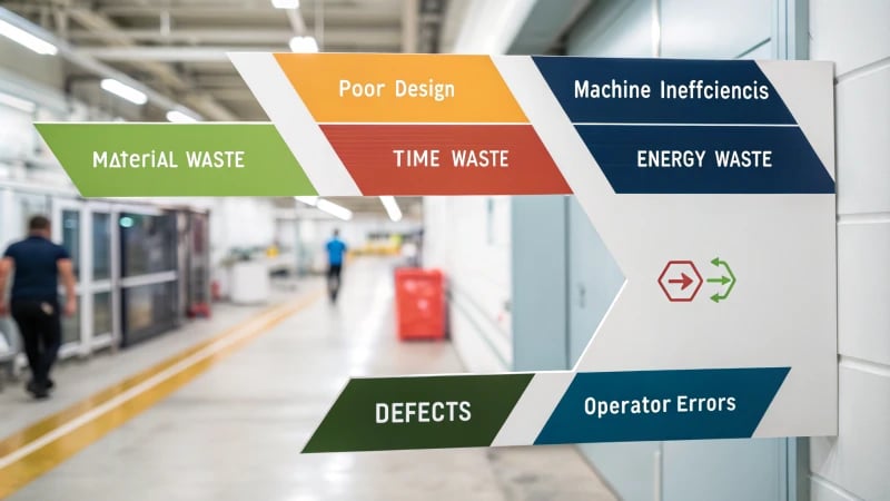 Infographic illustrating types and causes of waste in injection molding