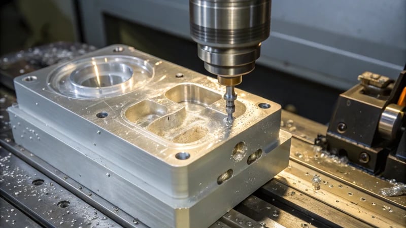 Close-up of an injection mold opening with a shiny plastic part