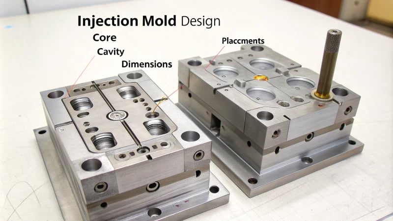 Technical illustration of an injection mold design with labeled dimensions and arrows for material flow.