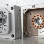 Technical illustration of an injection mold showing core and cavity sides