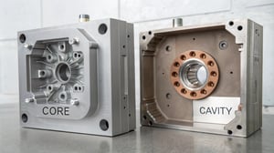 Technical illustration of an injection mold showing core and cavity sides