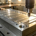 Close-up of an injection mold parting surface with intricate details