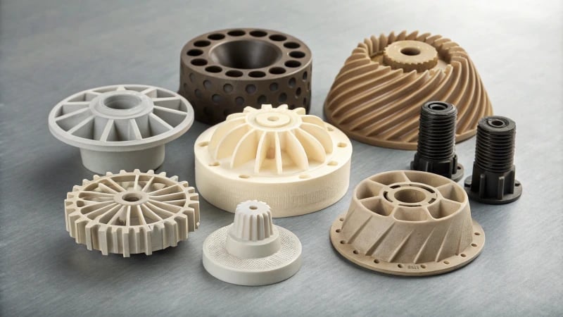 Array of injection molded components on neutral background