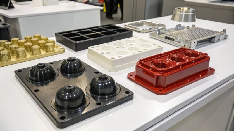 A variety of injection molded parts displayed on a clean surface