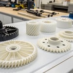 Close-up of injection molded plastic parts on a workbench