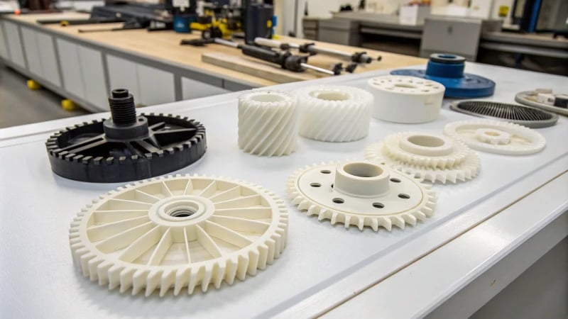 Close-up of injection molded plastic parts on a workbench