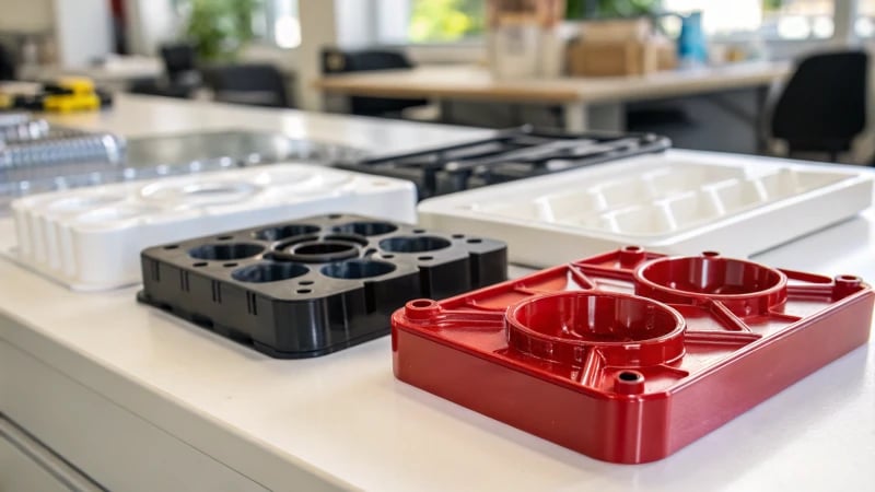 Close-up of injection molded plastic parts on a workbench