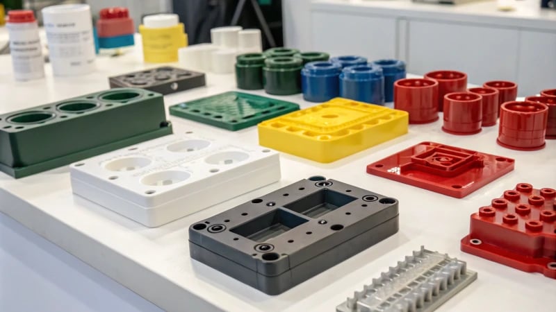 A variety of injection molded plastic products on a clean surface