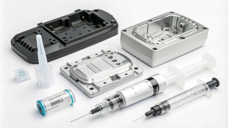 Injection Molded Products Display A variety of injection molded products on a white background