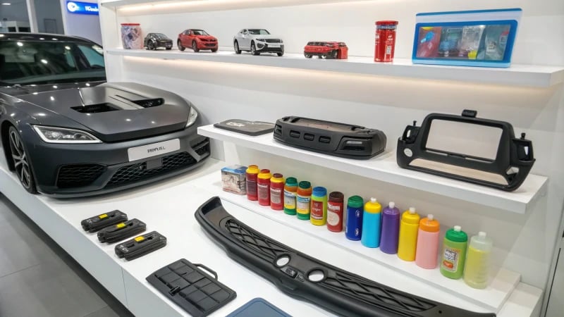 Display of various injection molded products